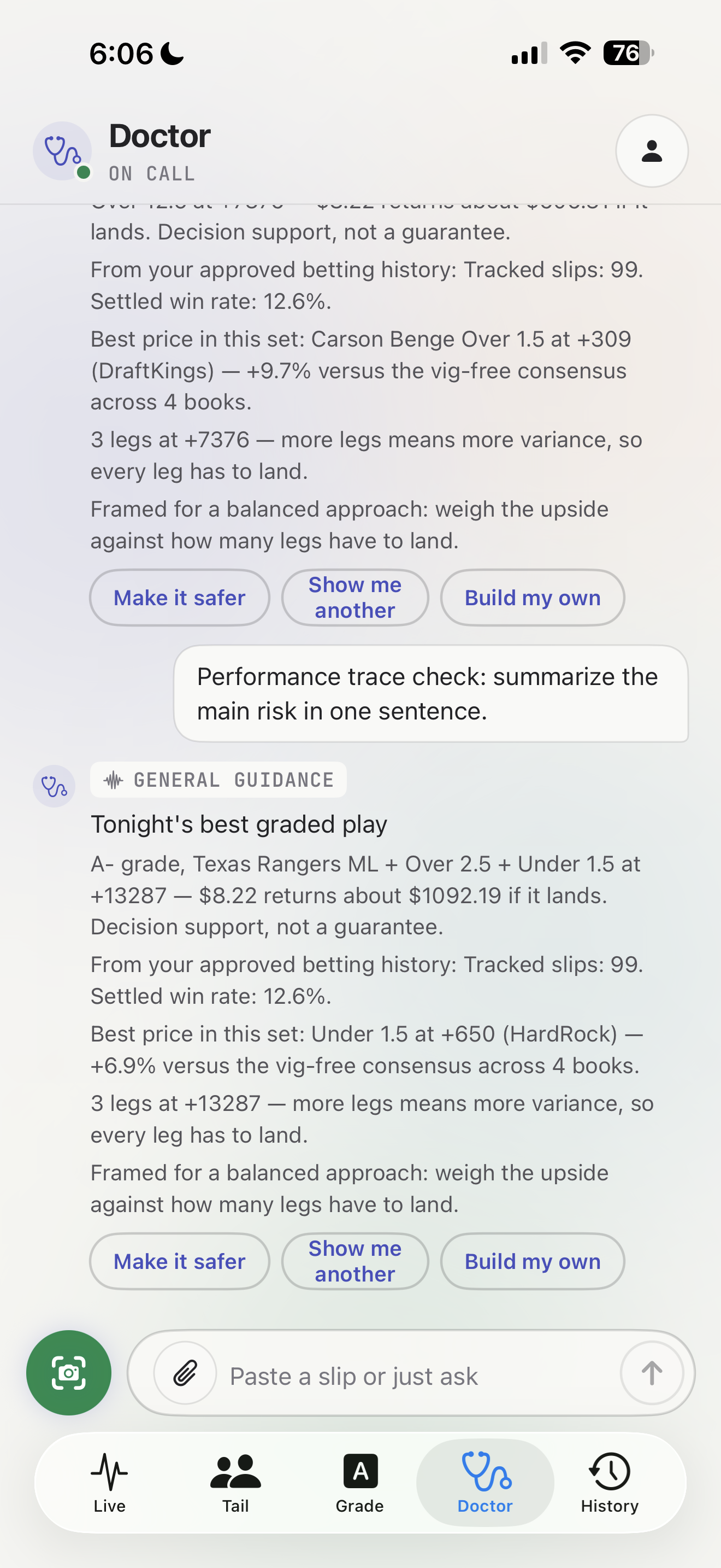 BetSlip Doctor chat giving sourced decision support and follow-up actions.