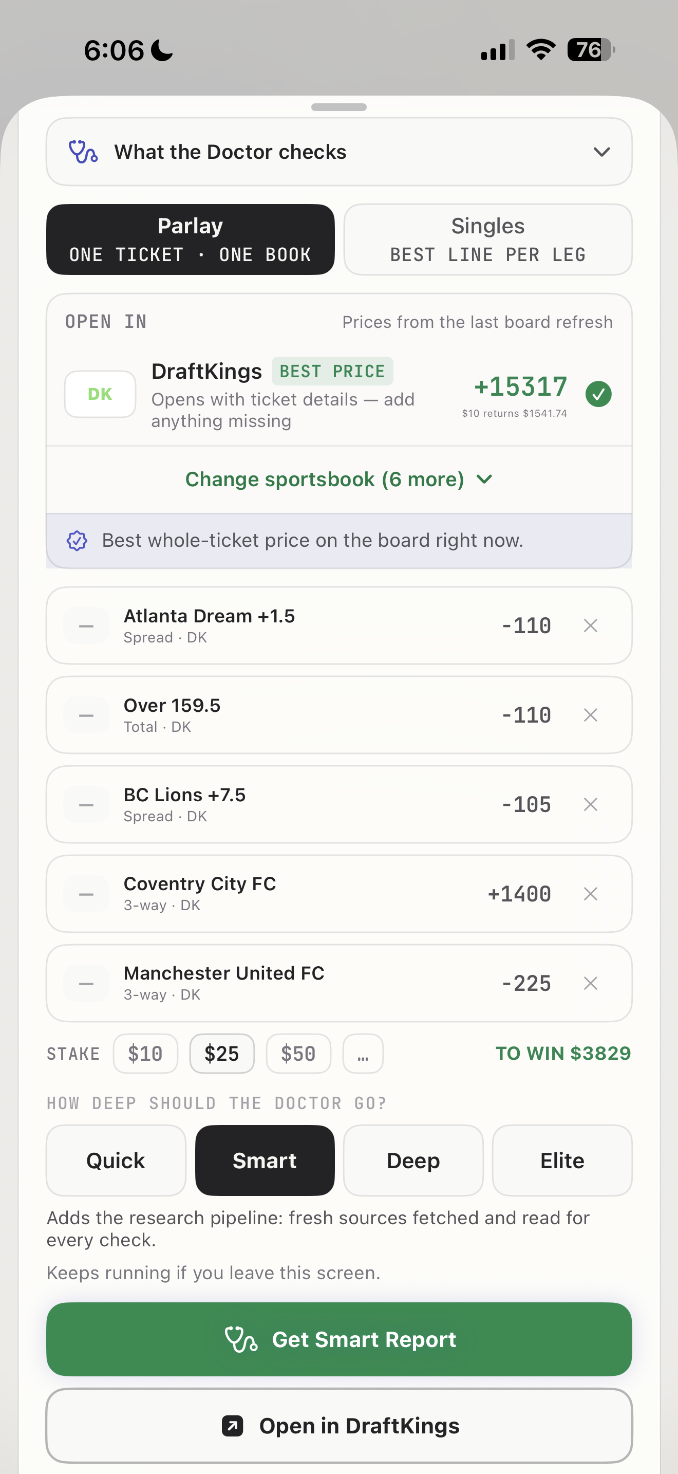 BetSlip Doctor Grade screen comparing a parlay price and preparing a Smart report.