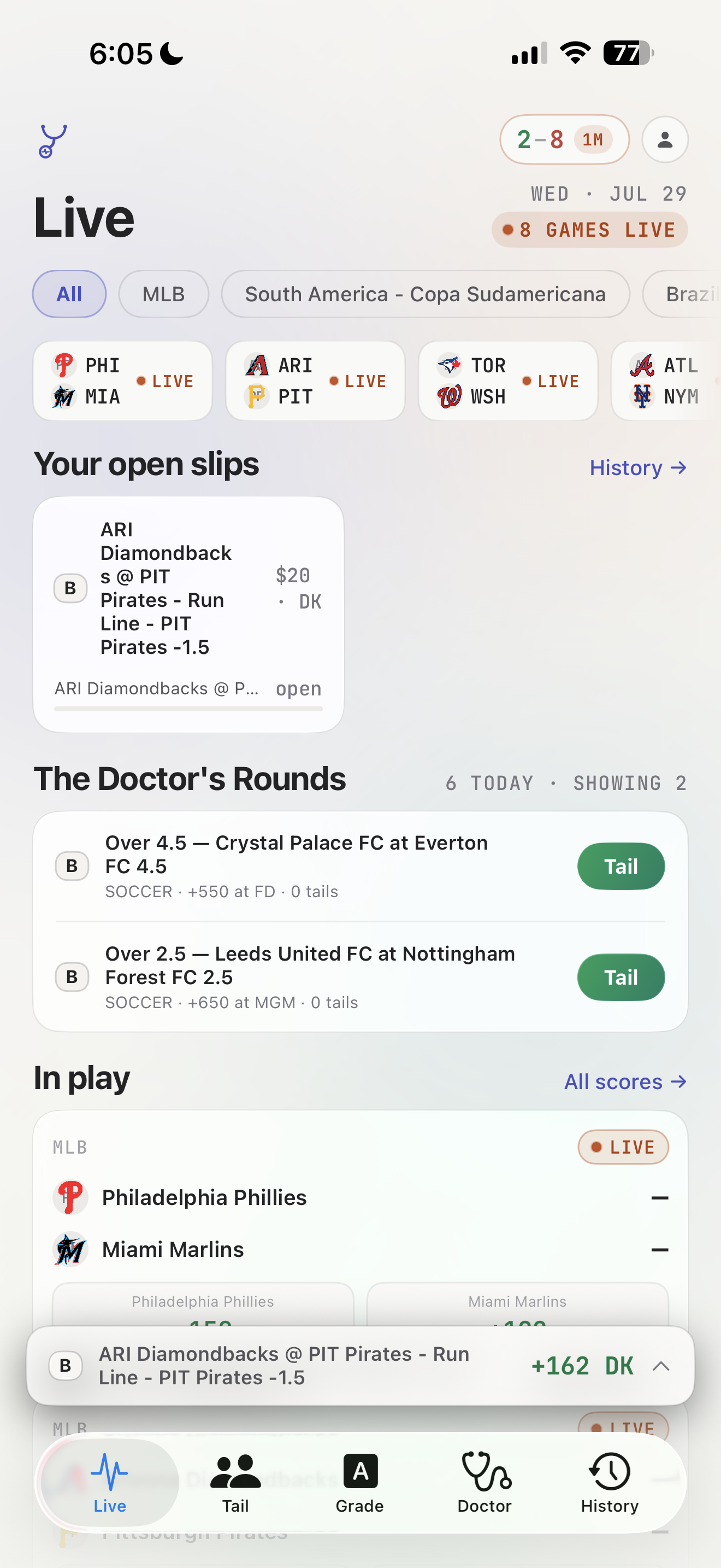 BetSlip Doctor Live board with live games, open slips, prices, and the five-tab app navigation.