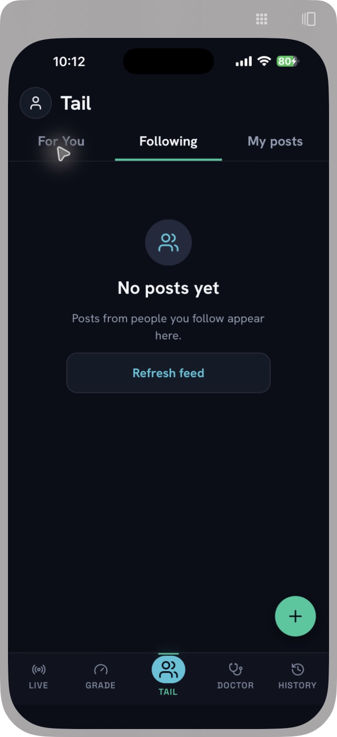 The actual Tail Following tab, showing where posts from followed bettors appear.